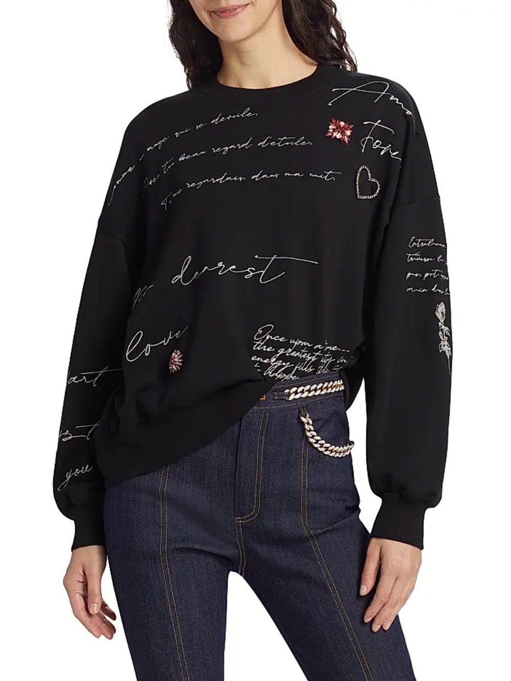 Cinq à Sept Embellished Sweatshirt Mon Amour Brandy Women’s S Black Crew Cotton.